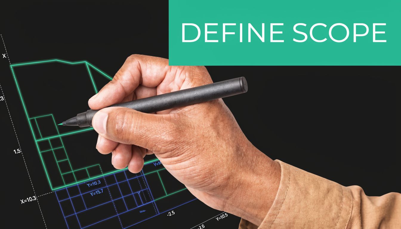 A close up of a person drawing a digital building site plan on a dark background.
