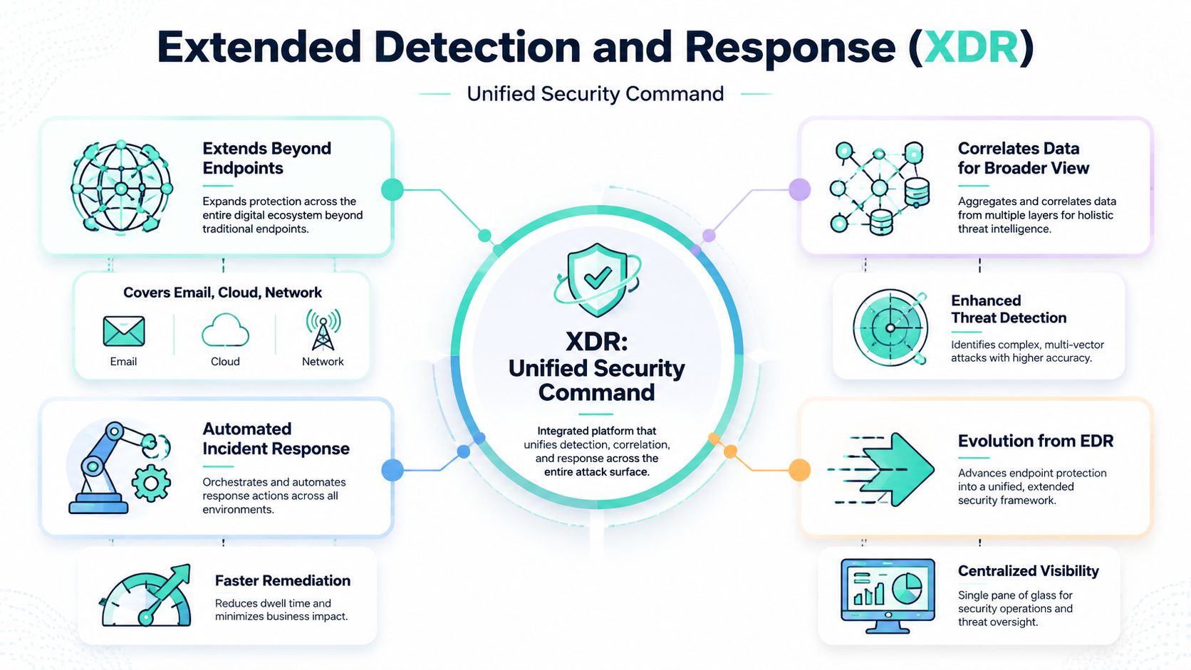 A diagram explaining Extended Detection and Response (XDR) as a unified security command center for cyber threats.