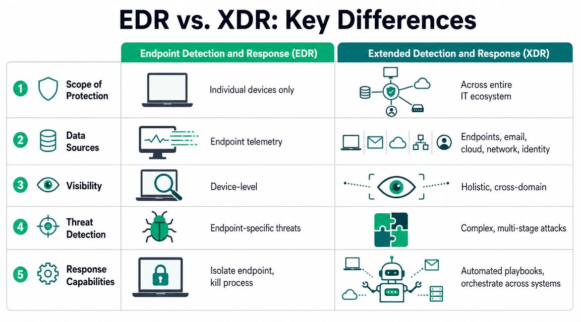 A comparison chart outlining the five key differences between Endpoint Detection and Response and Extended Detection and Response.