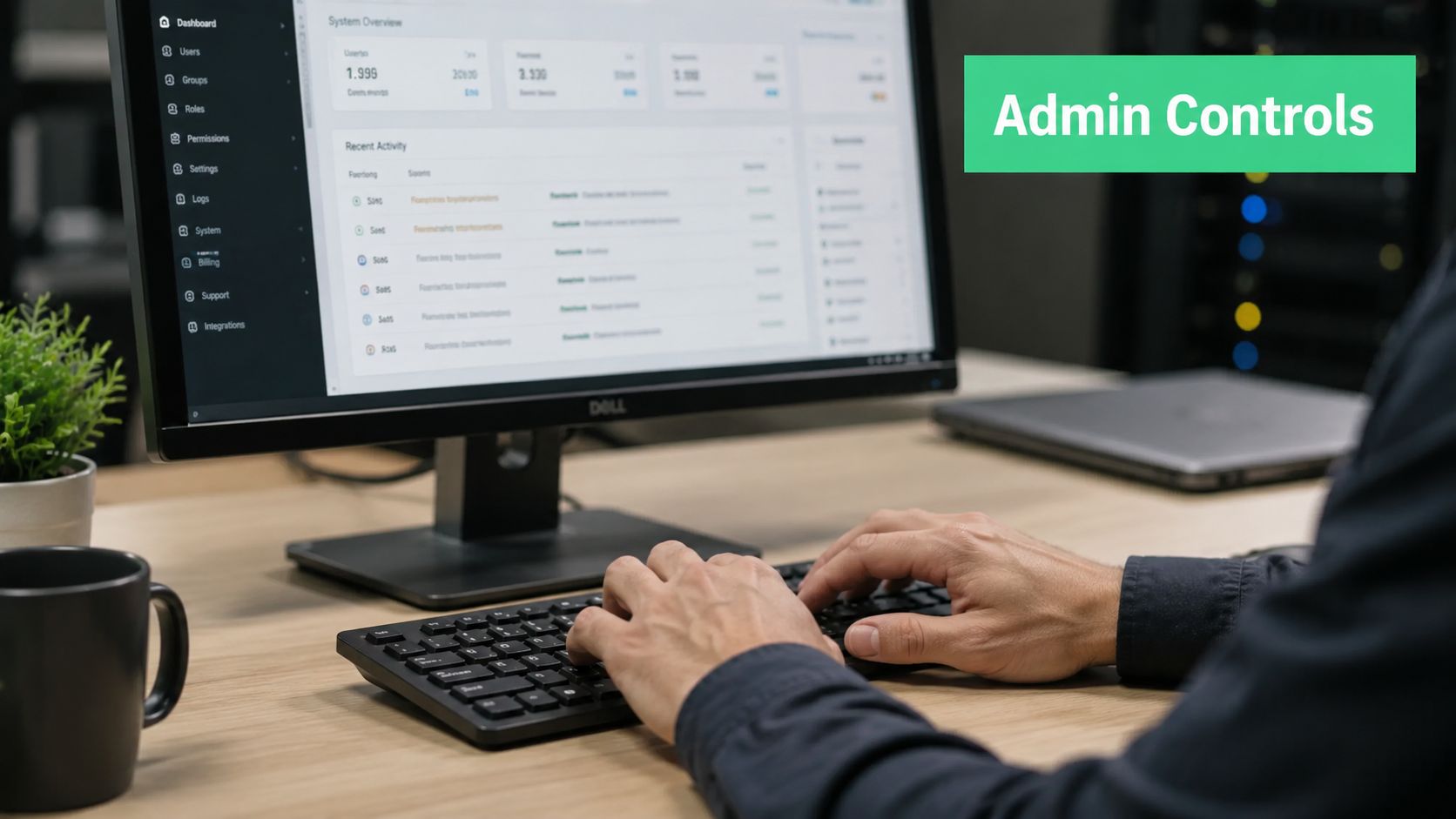 A professional working on a computer dashboard interface with system overview and activity logs displayed on screen.