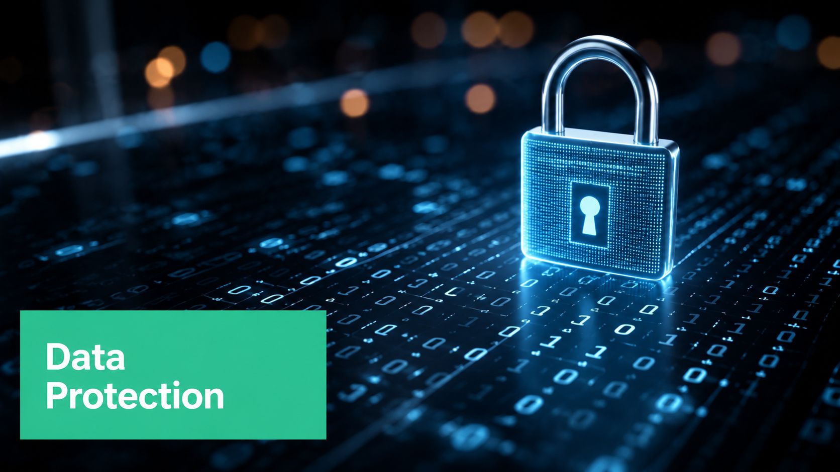 A digital padlock glowing on a background of binary code representing secure data protection and cybersecurity.