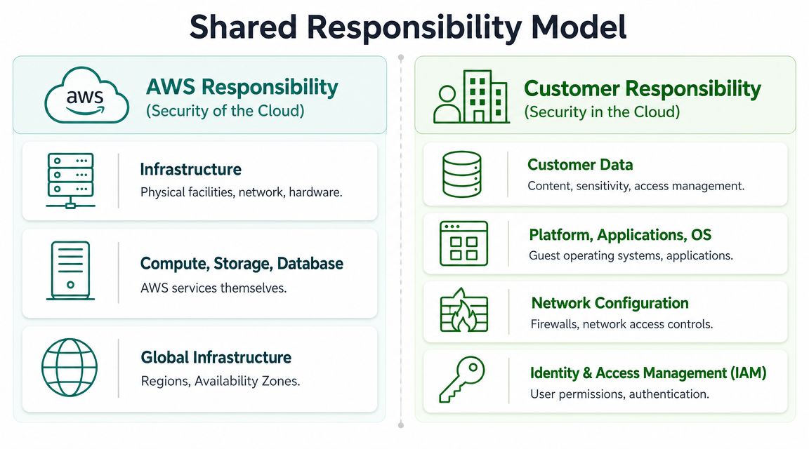 A diagram illustrating the AWS Shared Responsibility Model, showing security duties for AWS and the customer.