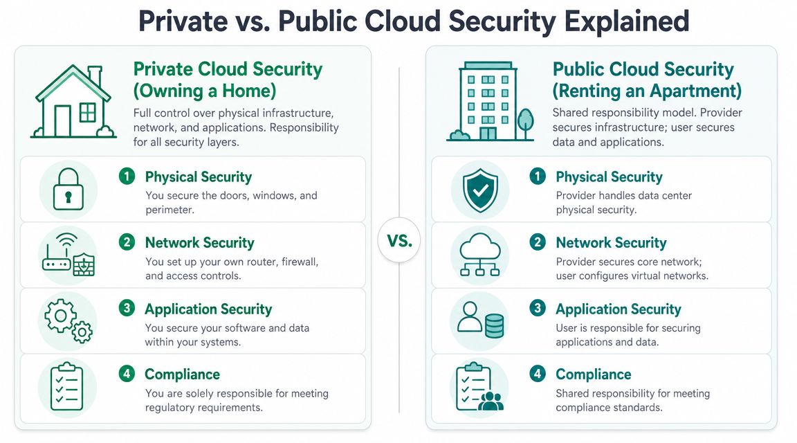A comparison infographic between private cloud security and public cloud security using a house versus apartment analogy.