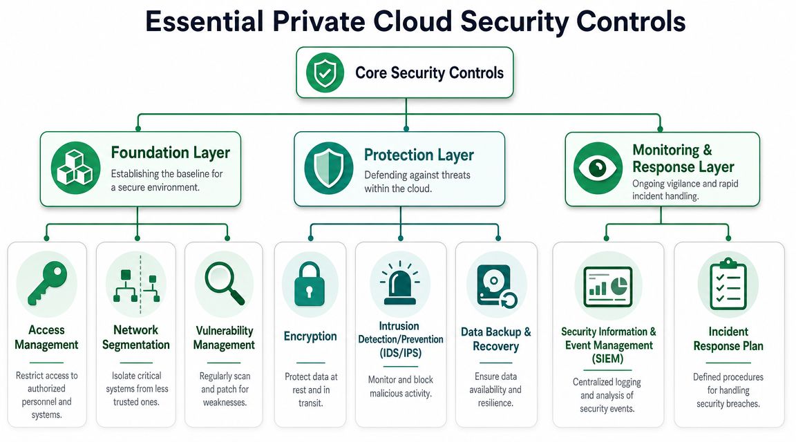 A hierarchical flowchart illustrating essential private cloud security controls categorized by foundation, protection, and monitoring layers.