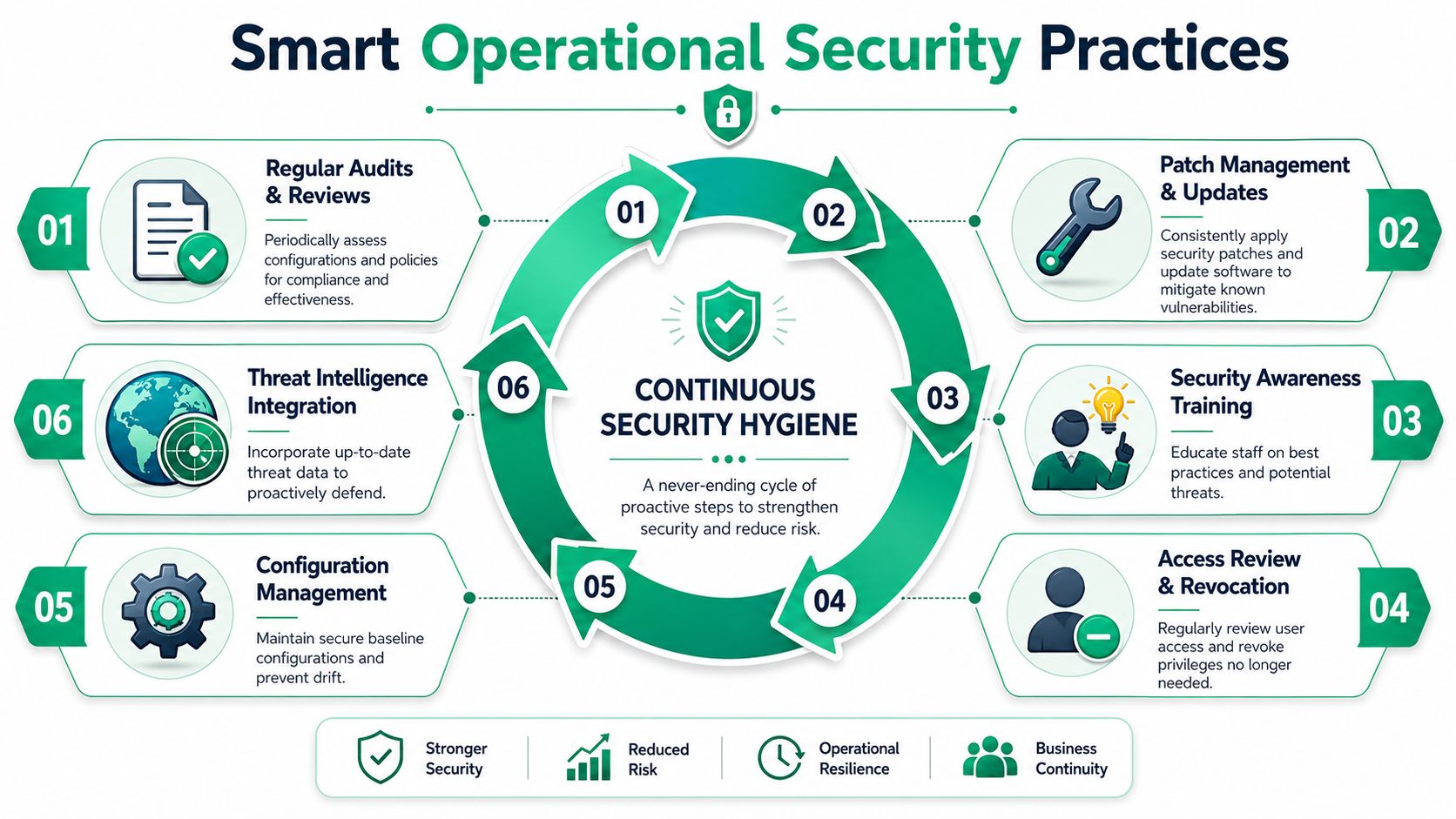 A diagram illustrating six core steps for maintaining continuous operational security hygiene in a business environment.
