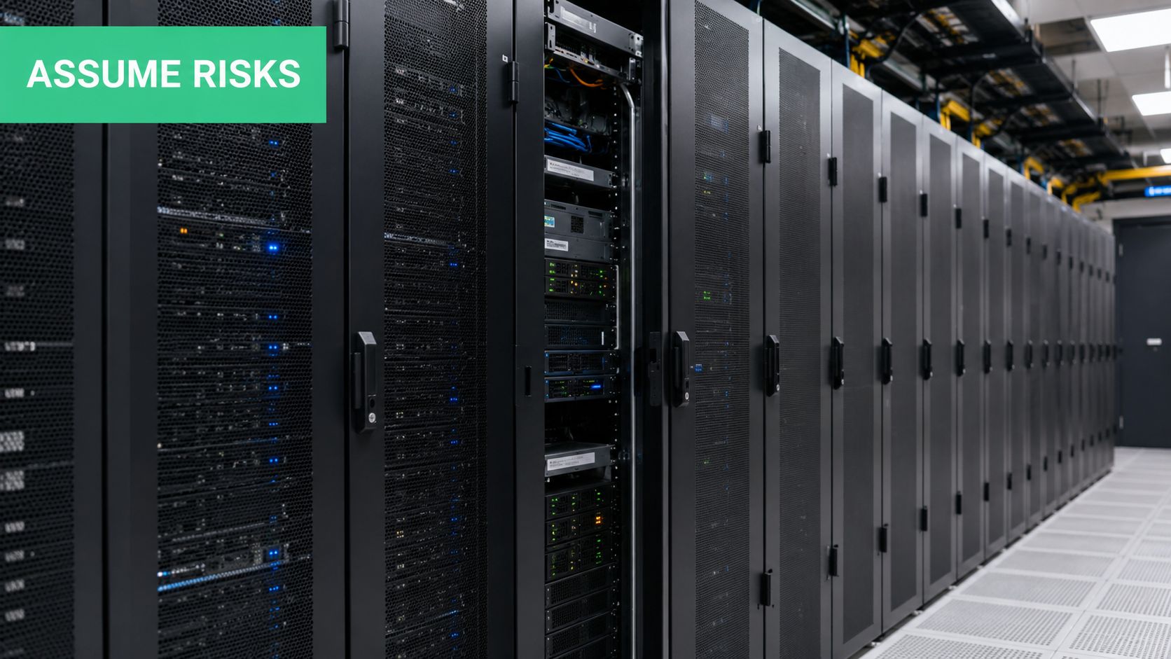 A row of server racks in a modern data center, showcasing enterprise cloud infrastructure and hardware equipment.