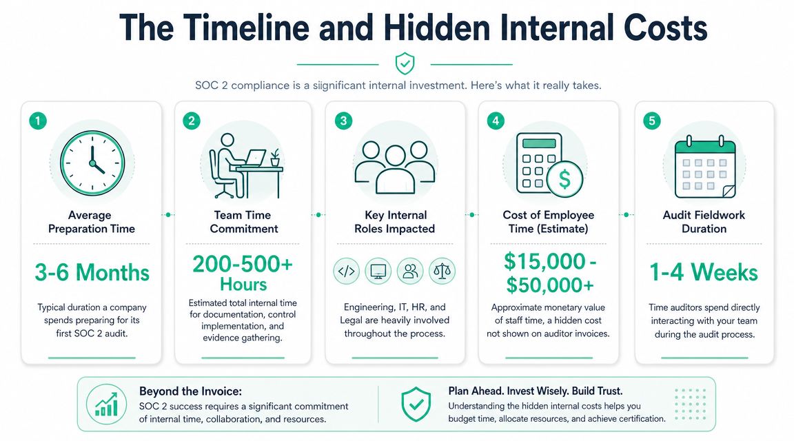 An infographic detailing the estimated timeline and hidden internal costs associated with achieving SOC 2 compliance.