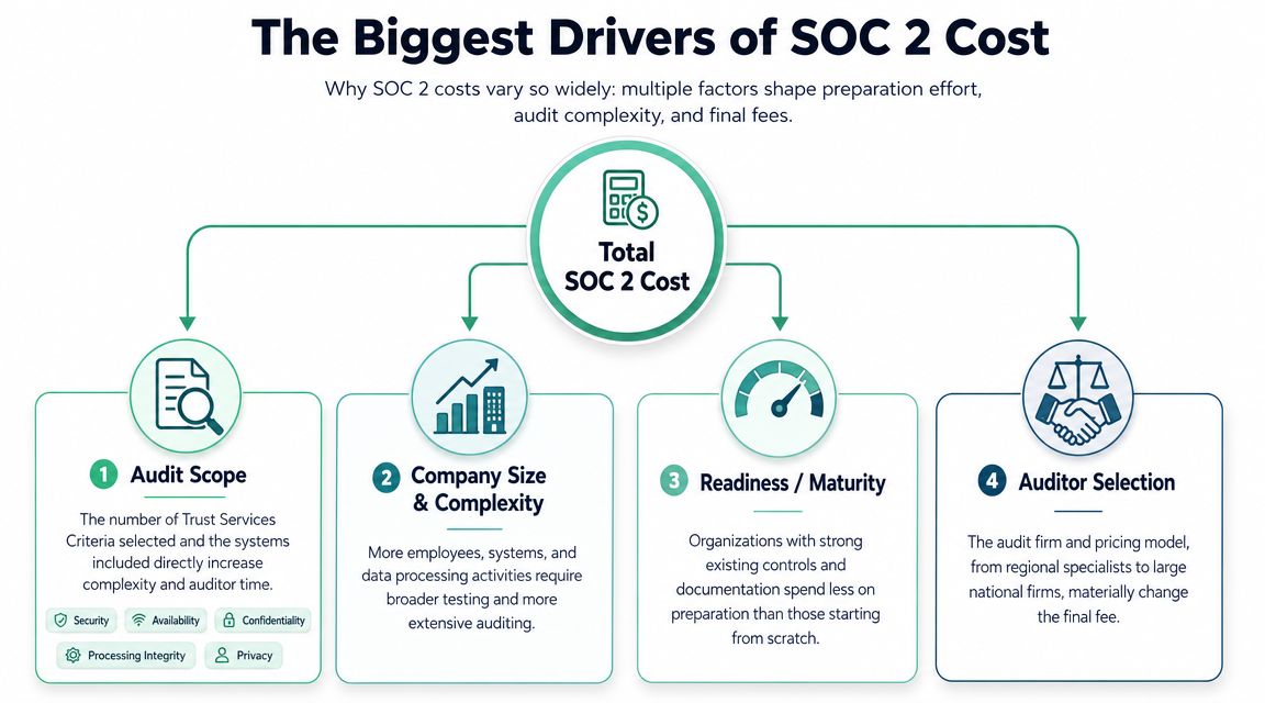 An infographic showing the four primary factors that influence the total cost of SOC 2 compliance audits.