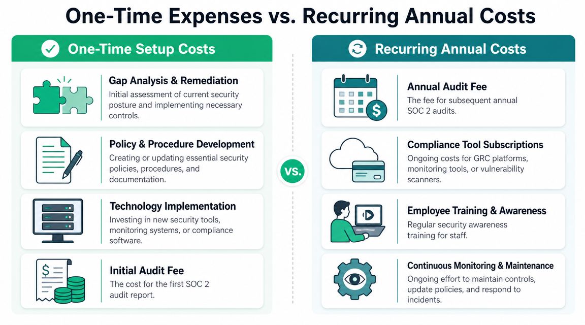 A comparison chart outlining the differences between one-time setup costs and recurring annual costs for SOC 2 compliance.