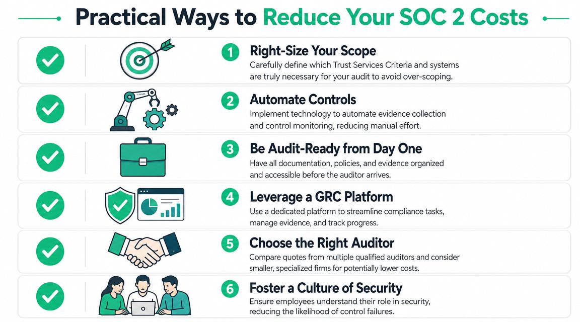 An infographic detailing six practical strategies to reduce your overall SOC 2 compliance and audit costs.