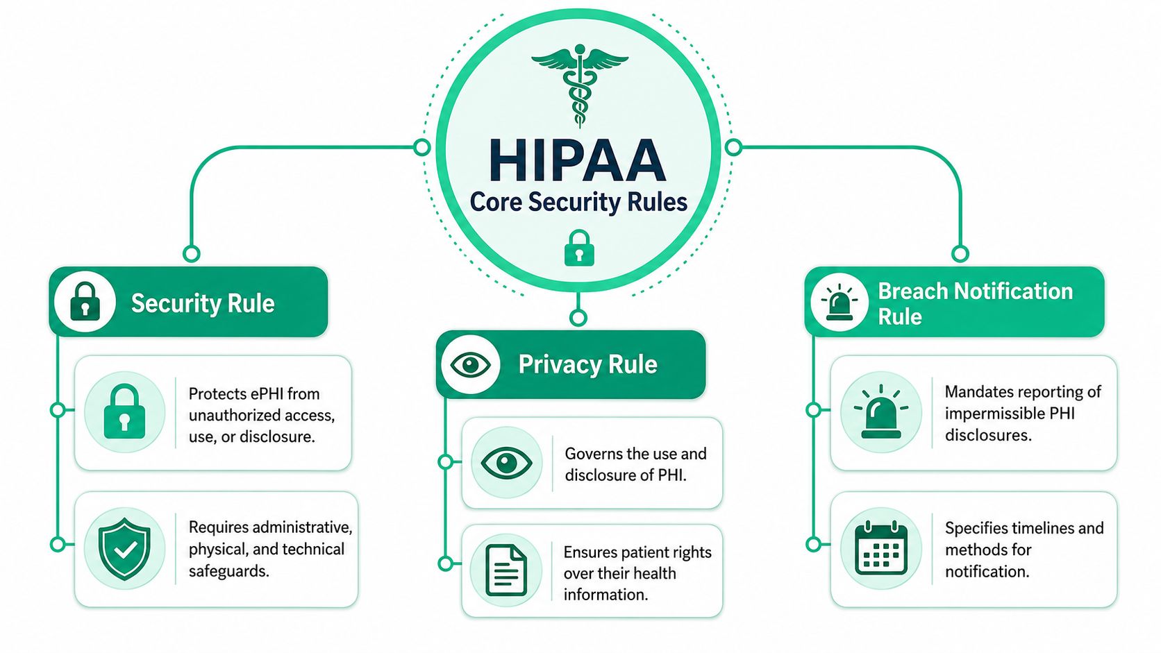 A diagram outlining the core HIPAA security rules, including the Security Rule, Privacy Rule, and Breach Notification Rule.