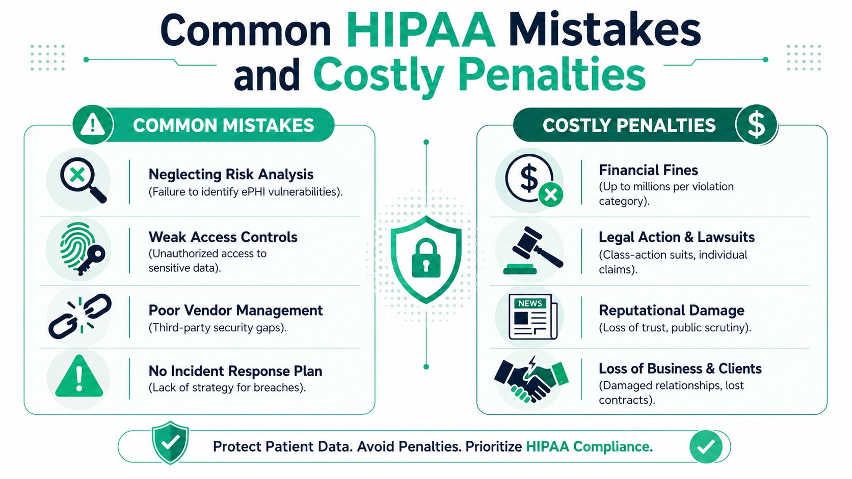 An infographic detailing common HIPAA compliance mistakes and the resulting costly penalties for healthcare organizations.
