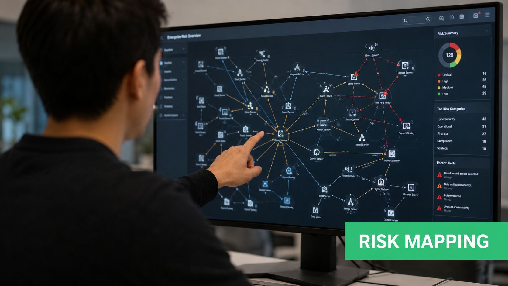 A professional analyzing a complex digital risk mapping interface on a large computer monitor in an office.