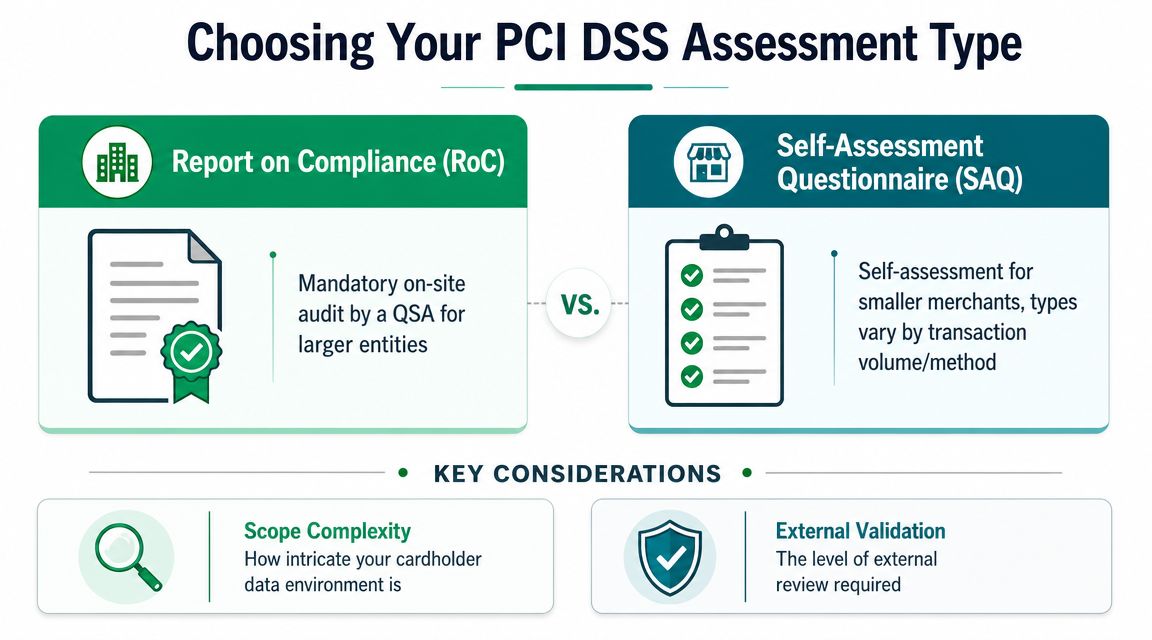 An infographic comparing PCI DSS assessment types including Report on Compliance for large entities and Self-Assessment Questionnaires.
