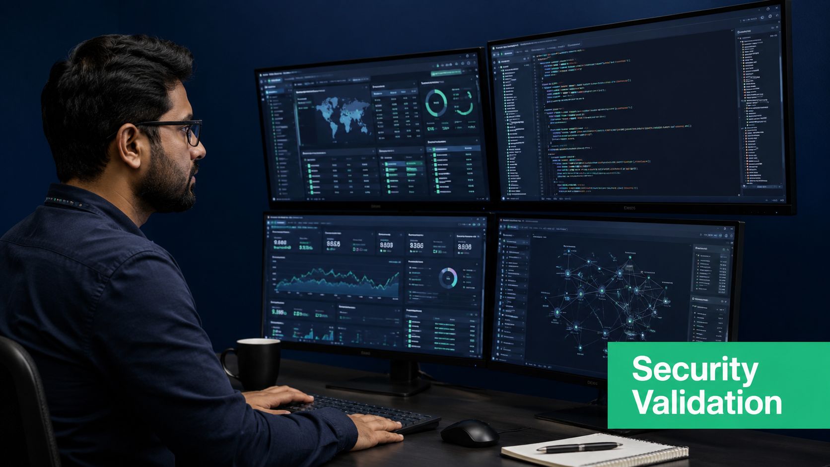 A professional cybersecurity analyst monitoring complex data dashboards and source code on multiple computer screens.