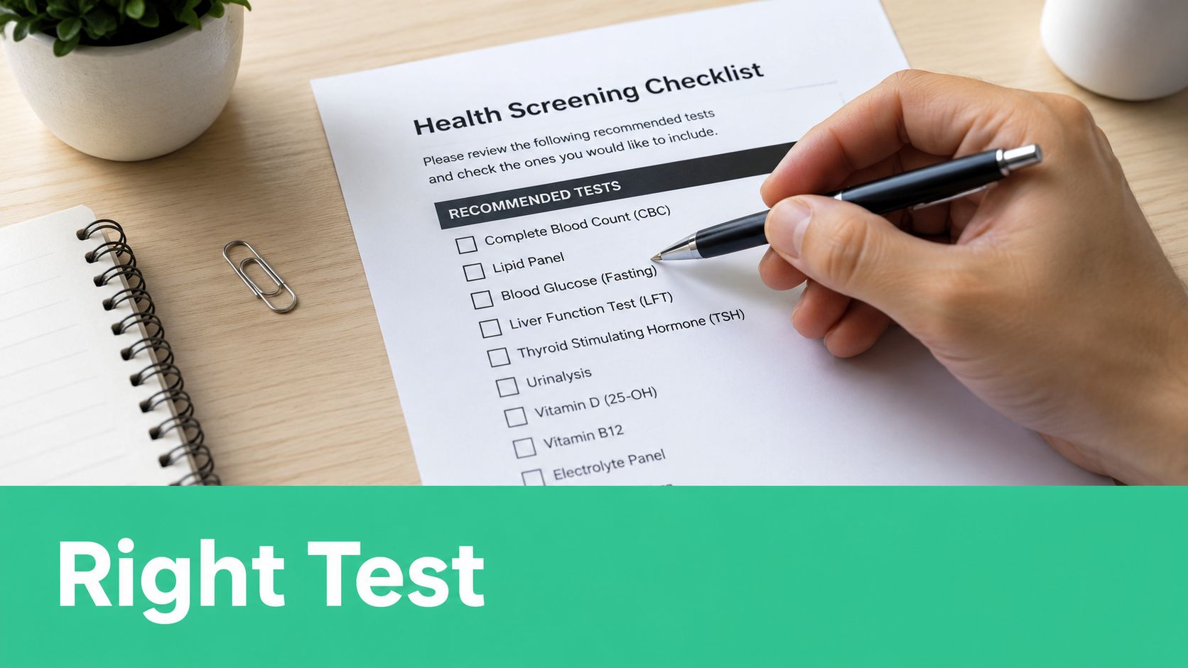 A hand holding a pen over a paper health screening checklist with various medical test options.