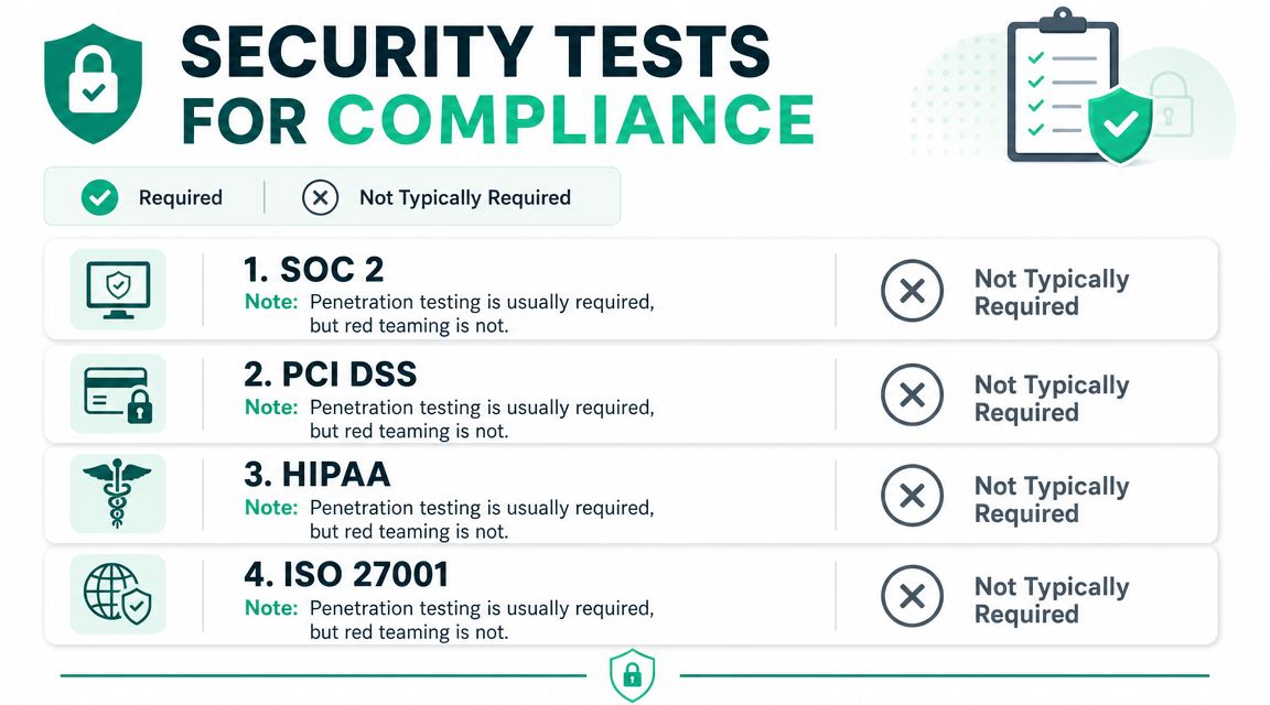 A chart comparing security compliance requirements for SOC 2, PCI DSS, HIPAA, and ISO 27001 standards.