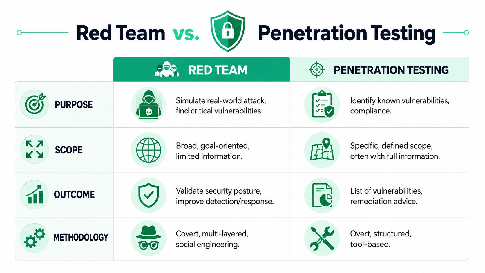 A comparison chart outlining key differences between Red Team engagements and standard Penetration Testing practices.