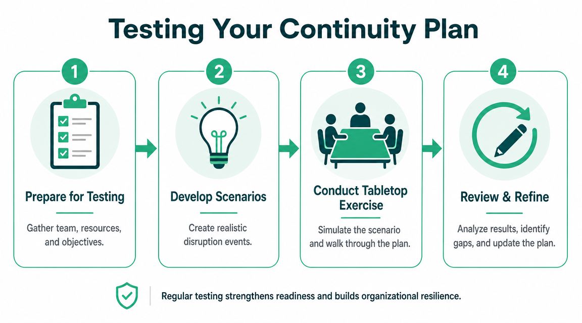 A four-step infographic illustrating the process of testing an organizational continuity plan using a tabletop exercise.