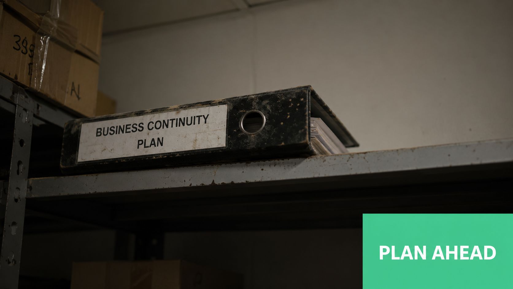 A dusty black binder labeled Business Continuity Plan sitting on a storage shelf in a dim room.