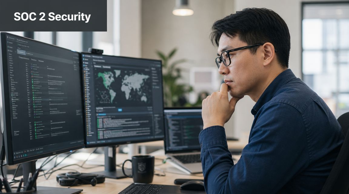 A focused security analyst working on SOC 2 compliance tasks at his professional office desk workstation.
