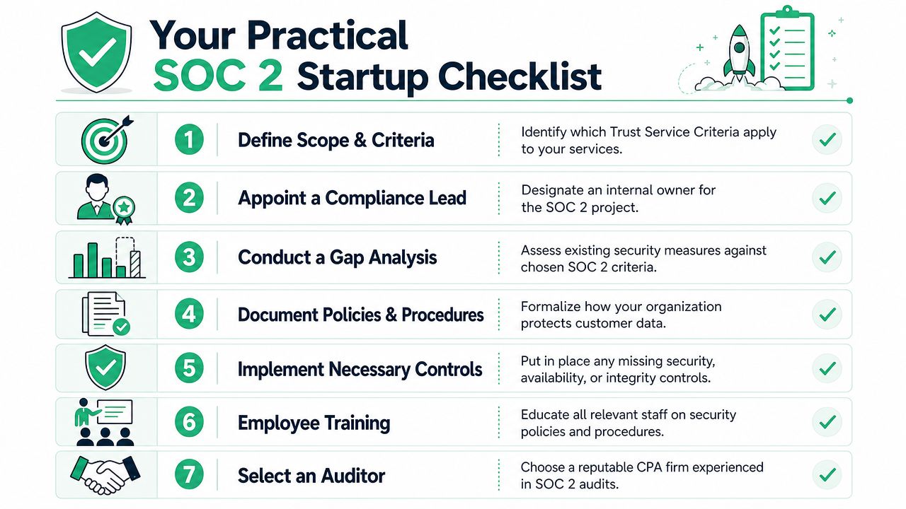 A seven-step checklist for startups to follow in order to achieve SOC 2 compliance successfully.