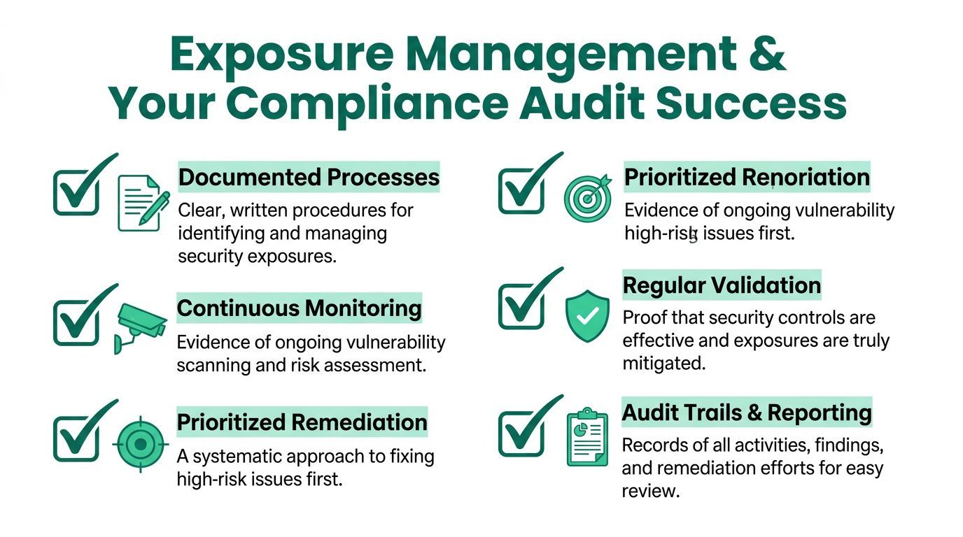 An infographic detailing six essential steps for successful compliance audits in cybersecurity exposure management.