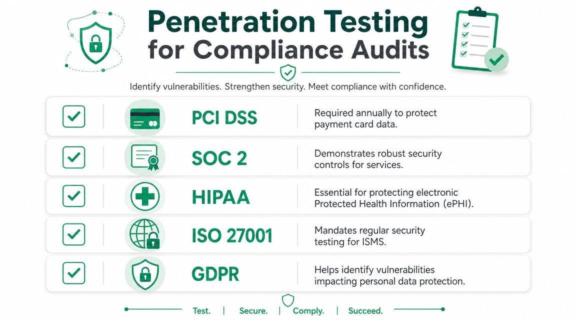 An infographic detailing how penetration testing helps meet compliance requirements for standards like PCI DSS, SOC 2, HIPAA, ISO 27001, and GDPR.