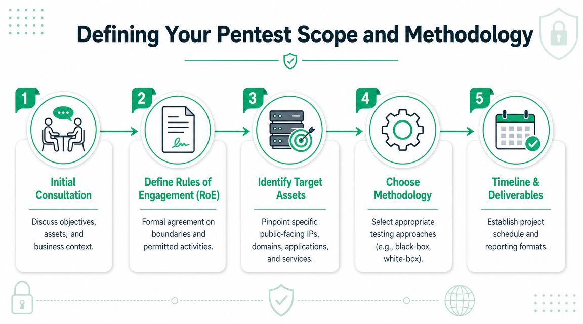 A flowchart showing five key steps for defining a professional pentest scope and methodology.