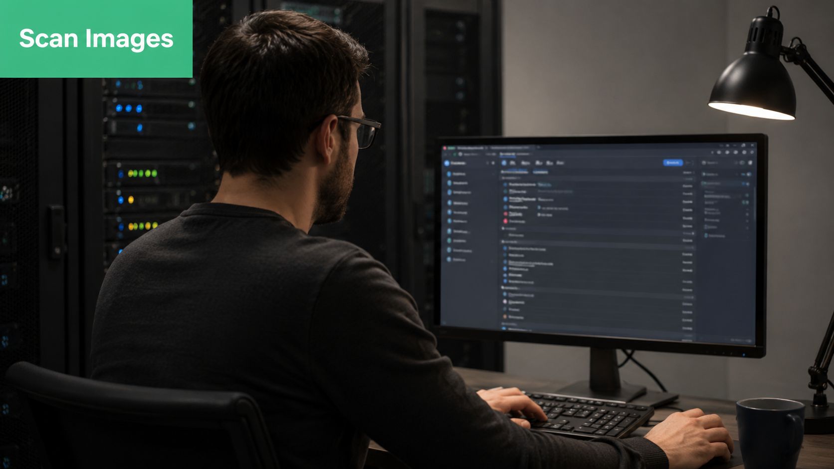 An IT professional monitors secure CI/CD pipelines on a computer screen within a dimly lit server room.