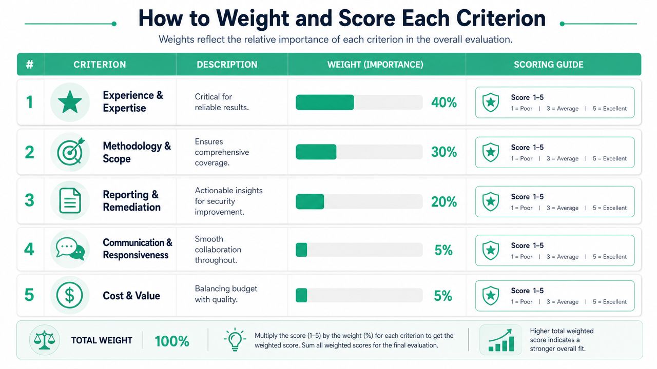 A chart showing how to weight and score vendor criteria with percentages for evaluation and grading guidelines.