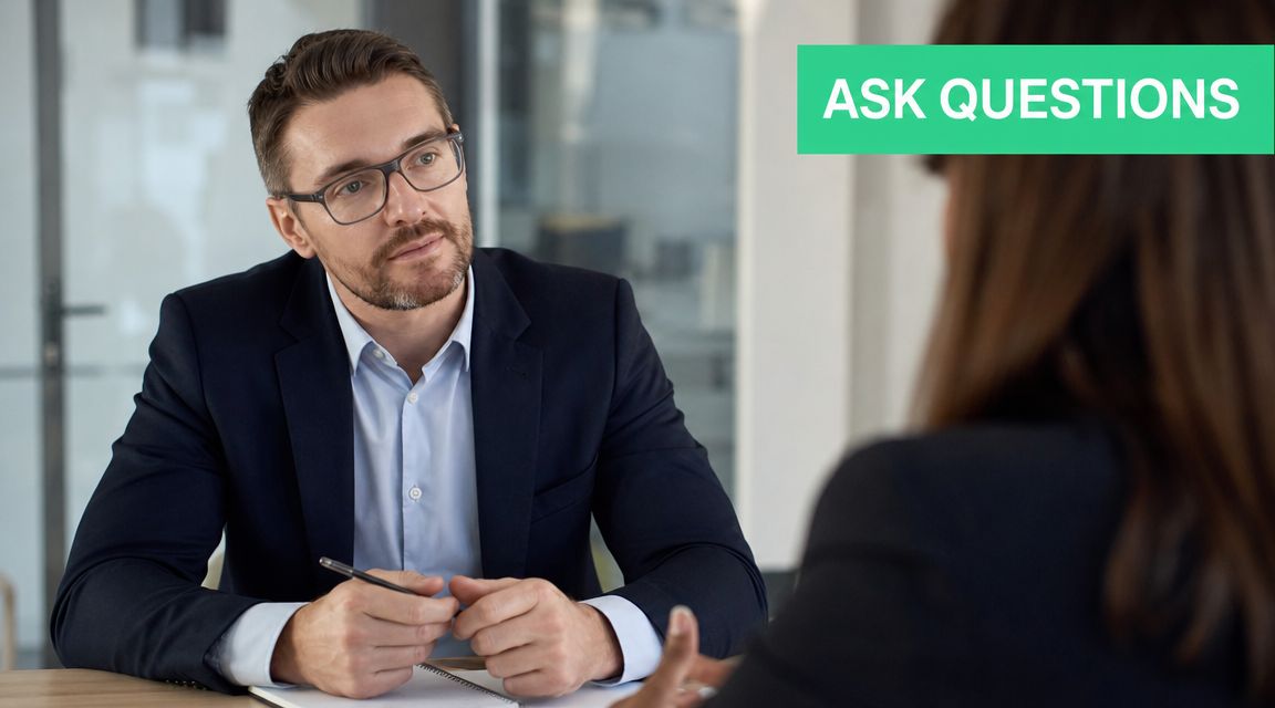 A professional man in a suit during a business meeting is actively listening to an interviewee.