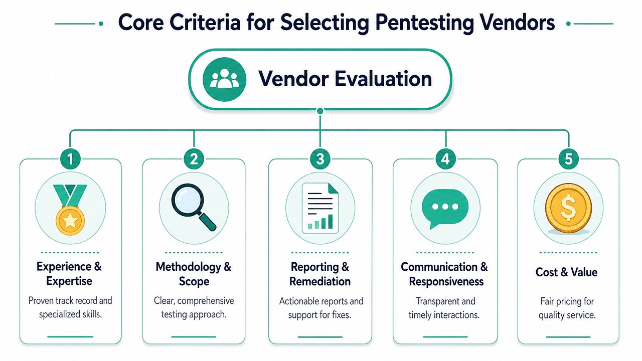 A diagram outlining five key criteria for evaluating and selecting professional penetration testing vendors.