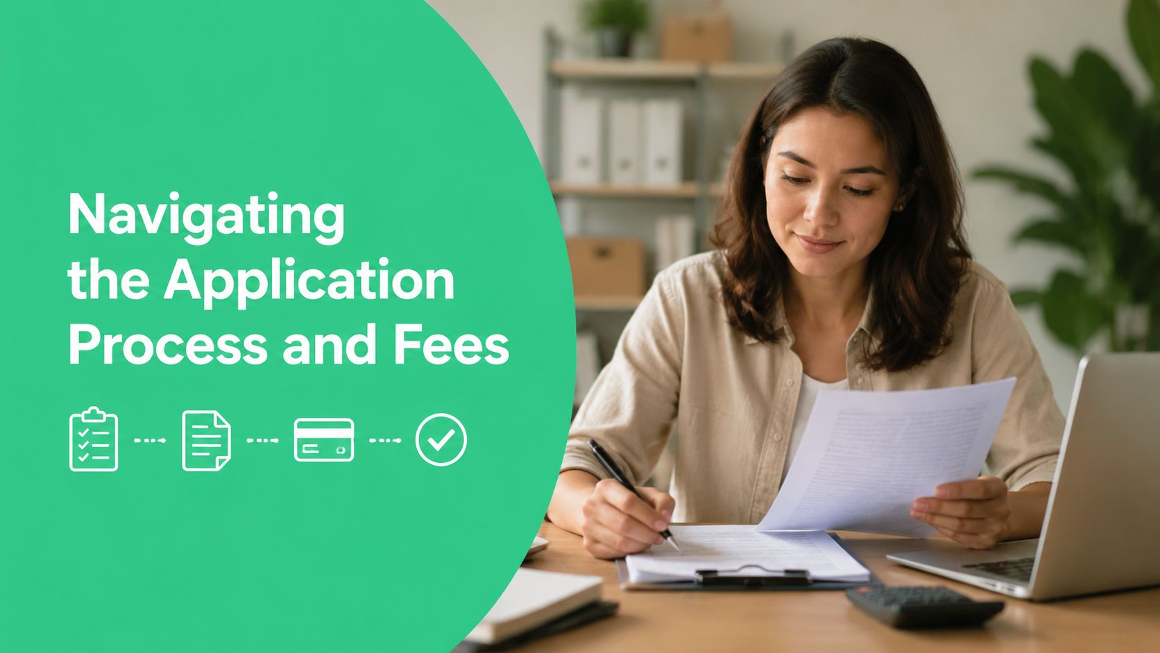 A woman reviewing documents and calculating fees to complete her official application process at home.