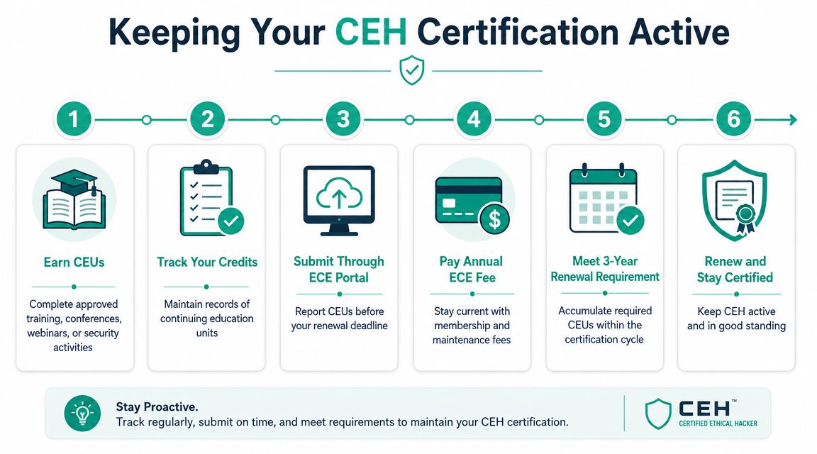 A six-step infographic outlining the process for maintaining active CEH certification through training and annual fees.