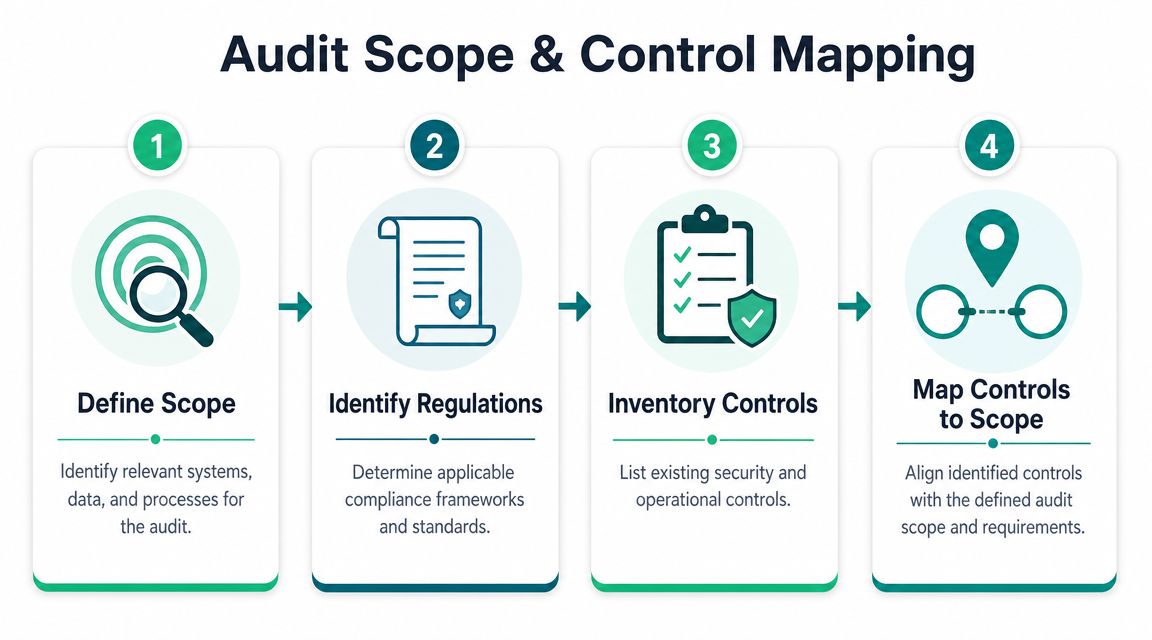 A four-step infographic illustrating the audit scope and control mapping process for compliance readiness assessments.