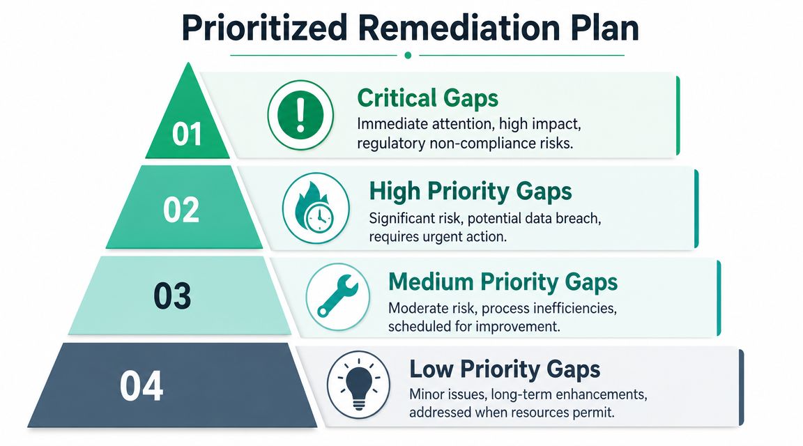 A pyramid chart titled Prioritized Remediation Plan showing four levels of gap urgency from critical to low.