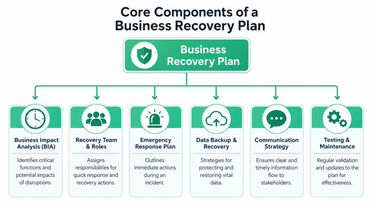 A diagram illustrating the six core components required to create an effective business recovery plan.