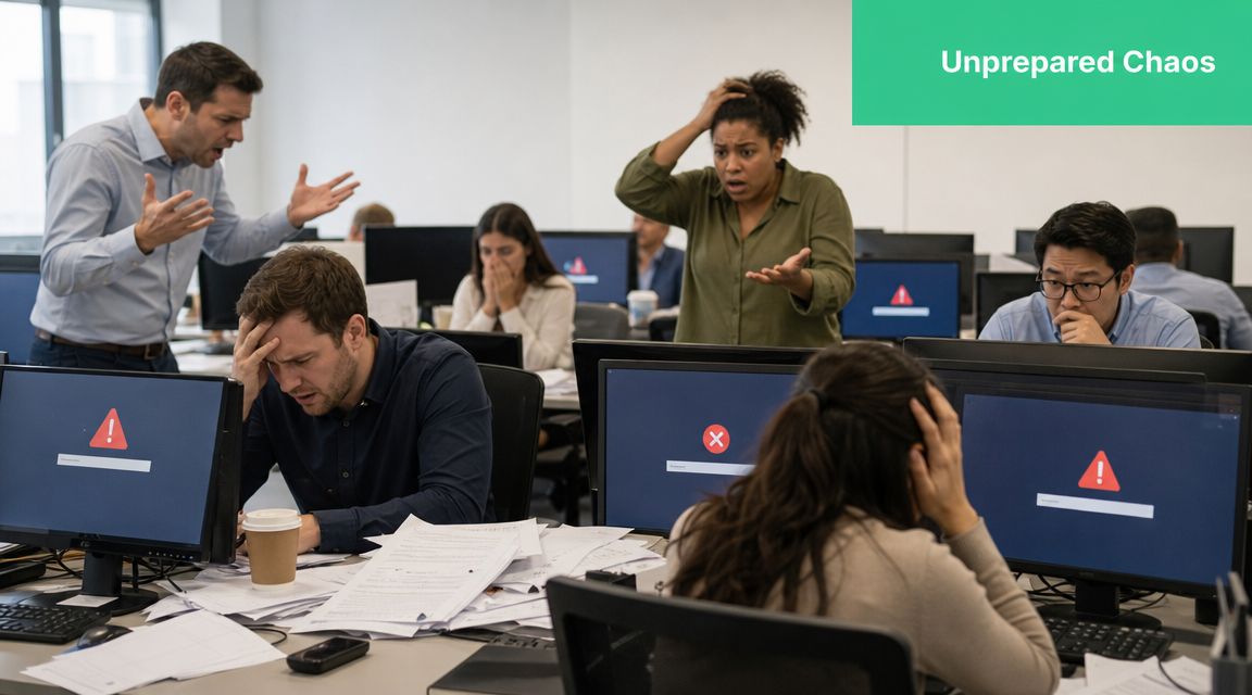 A team of stressed office workers struggling with technical problems at their desks in a chaotic workspace.
