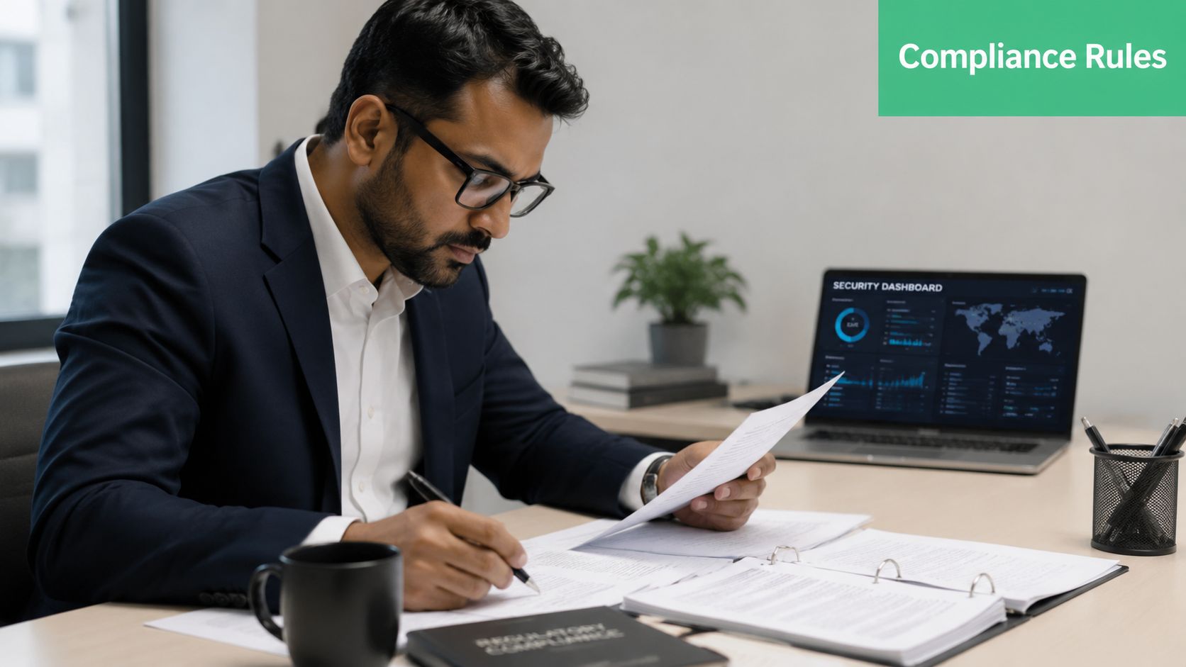 A professional man in a suit working on compliance documents at his office desk with a laptop.