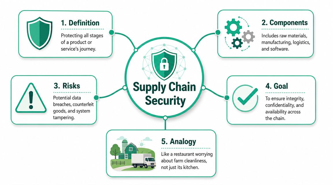 A diagram outlining the five key aspects of supply chain security including definitions, components, risks, goals, and analogies.