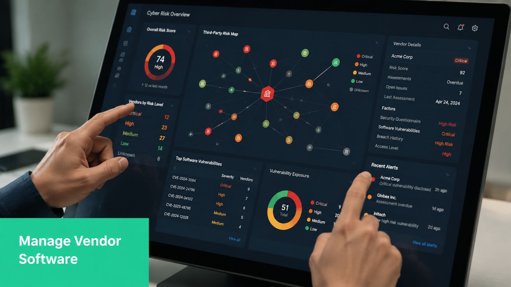 A professional analyzing a cybersecurity dashboard displaying vendor risk metrics and software vulnerabilities on a large screen.