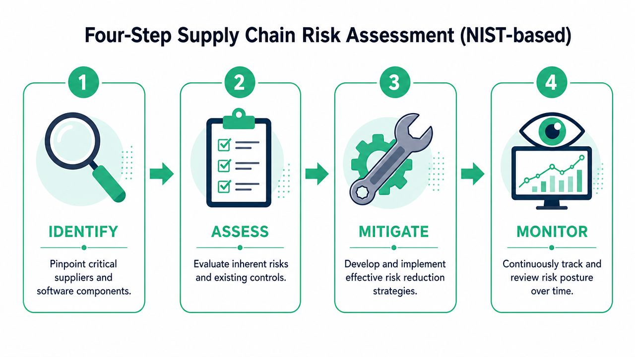 A four-step infographic illustrating the NIST-based supply chain risk assessment process from identification to ongoing monitoring.