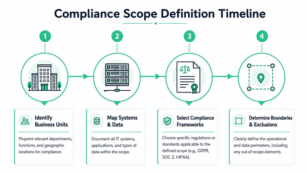 A four-step infographic illustrating the compliance scope definition process including business units, IT systems, frameworks, and boundaries.