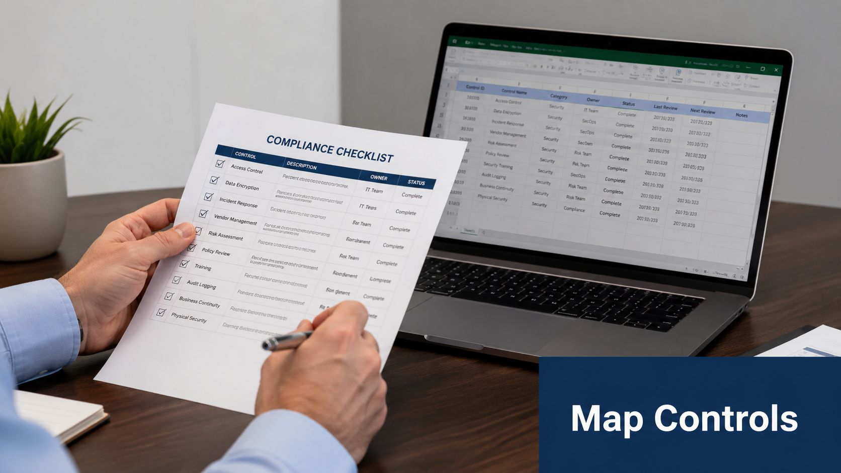 A professional comparing a physical compliance checklist paper with a digital spreadsheet displayed on a laptop screen.