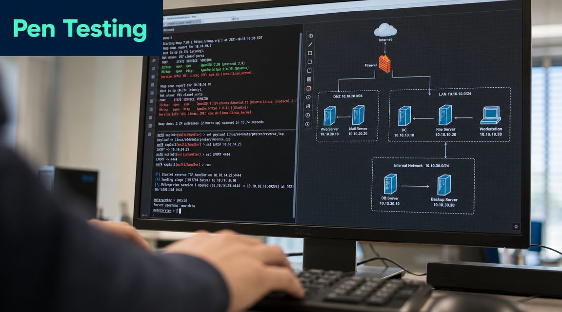 A professional performing a penetration test on a computer system while viewing network architecture diagrams.