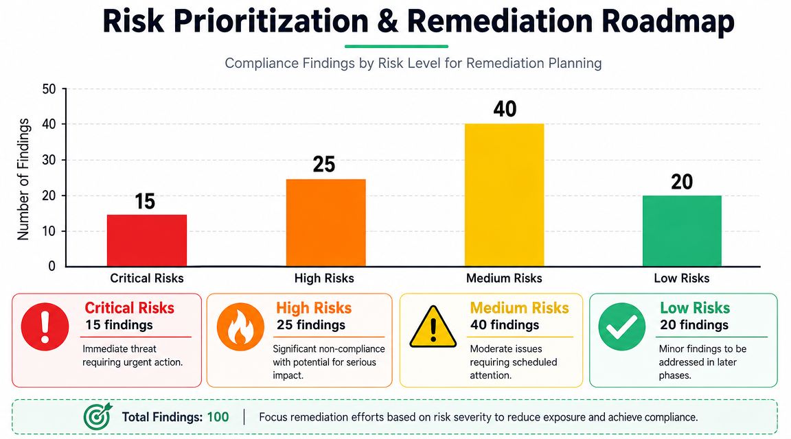 Bar chart illustrating 100 compliance findings categorized by risk levels ranging from critical to low.