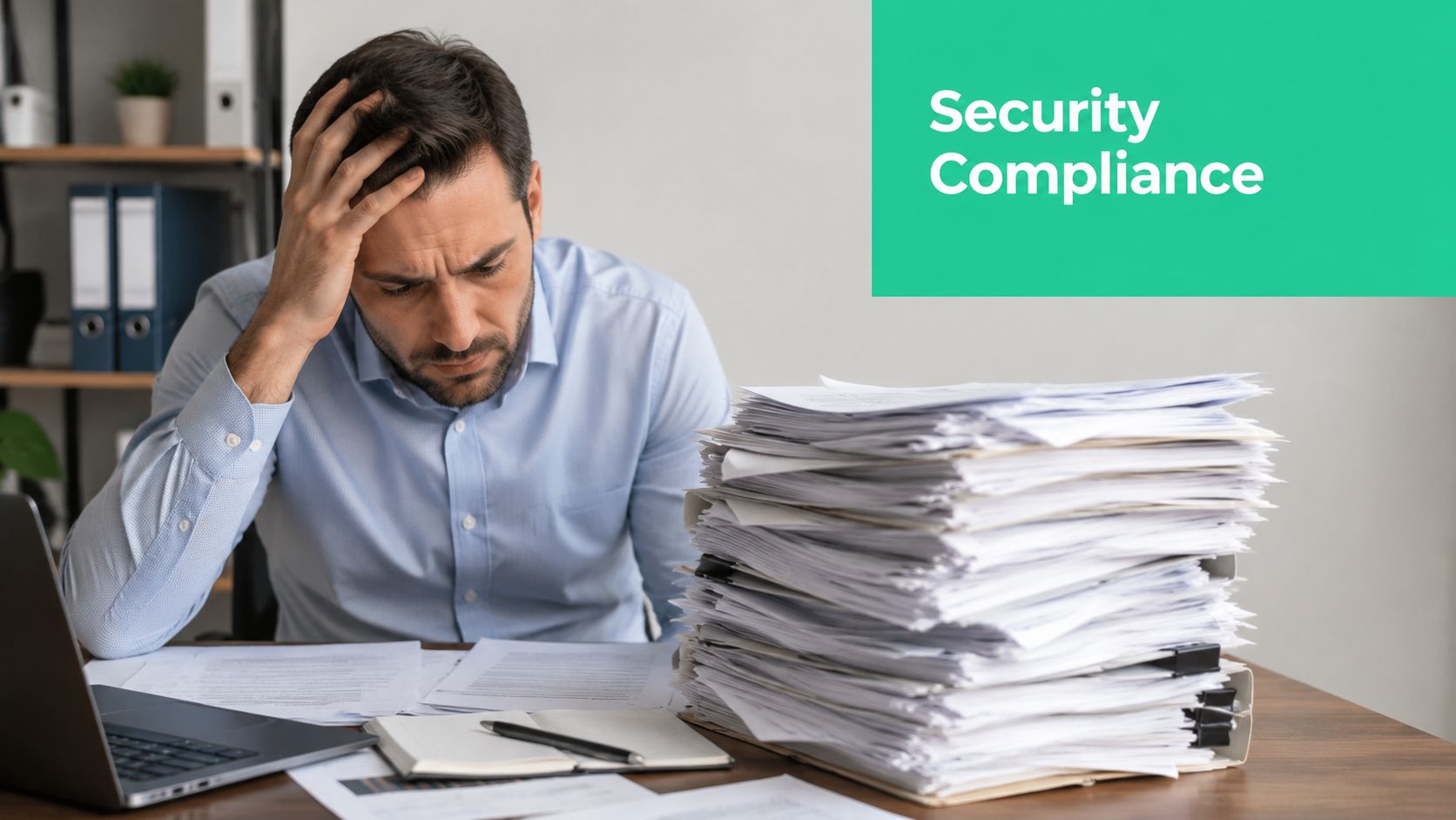 A stressed businessman looking at a large pile of documents with text overlay Security Compliance.