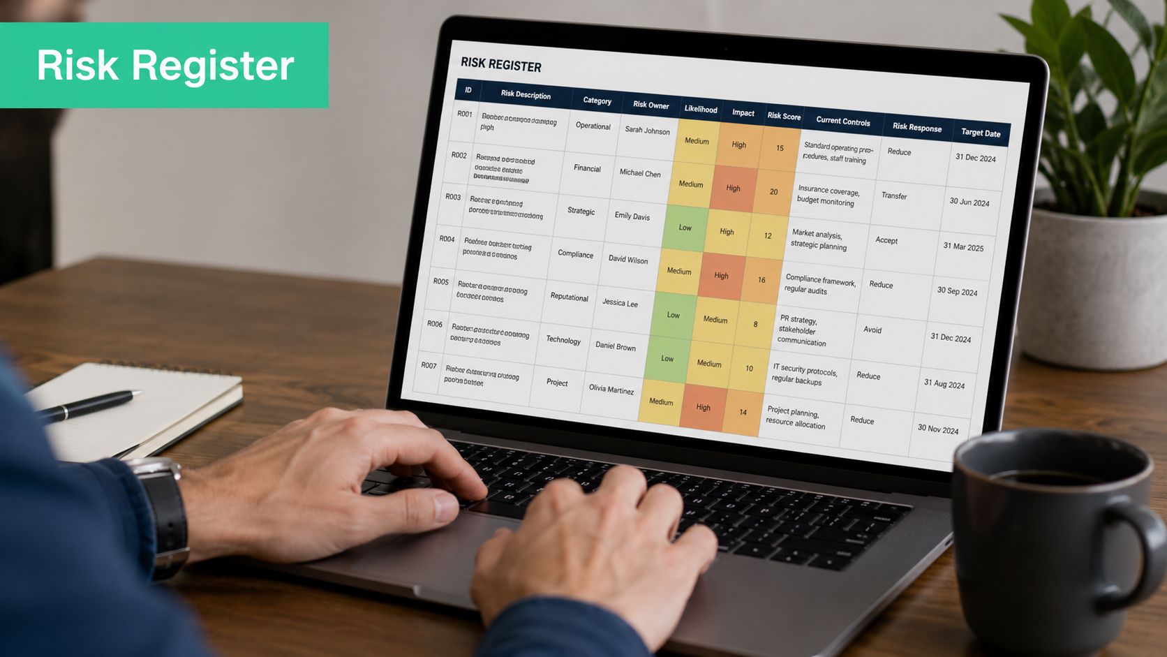 A person working on a laptop displaying a comprehensive IT risk management plan register spreadsheet.