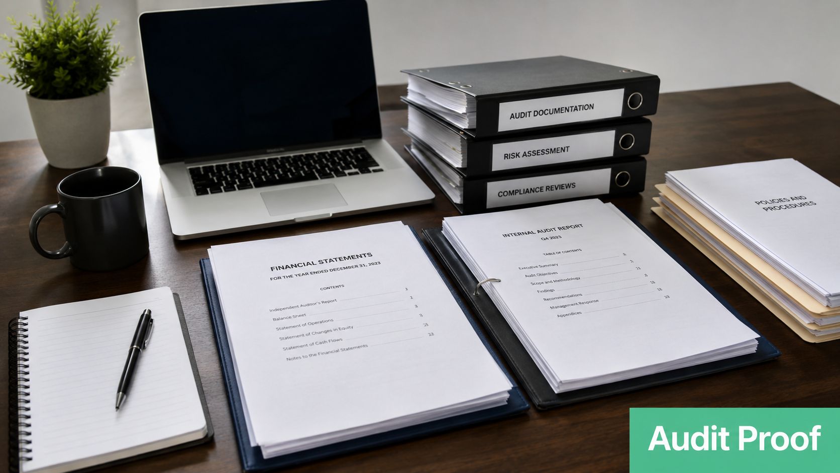 A professional office desk with financial reports, audit documentation binders, a laptop, and a notepad.